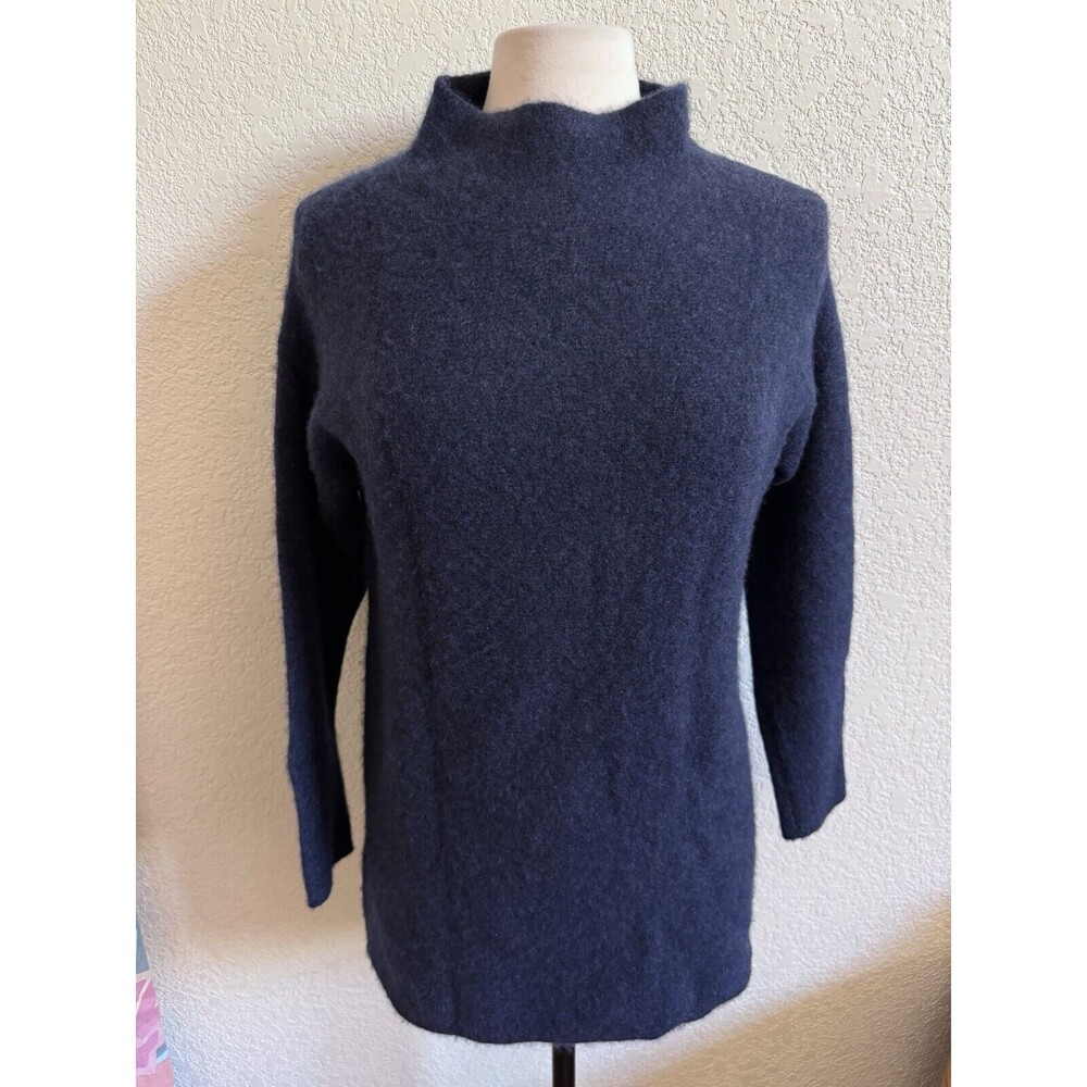 Women’s Blue Mockneck Cashmere Blend Sweater Preppy Minimalist Ultra Soft EUC